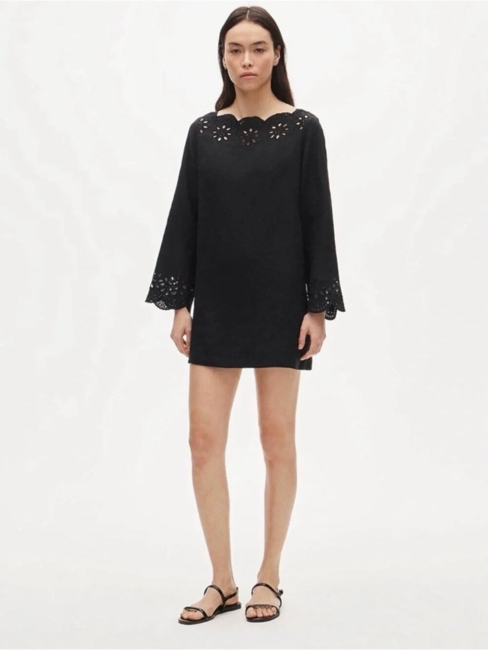 J. Crew Black Scallop-Trim Eyelet Long Sleeve Popover Linen Mini Dress XXS NWT